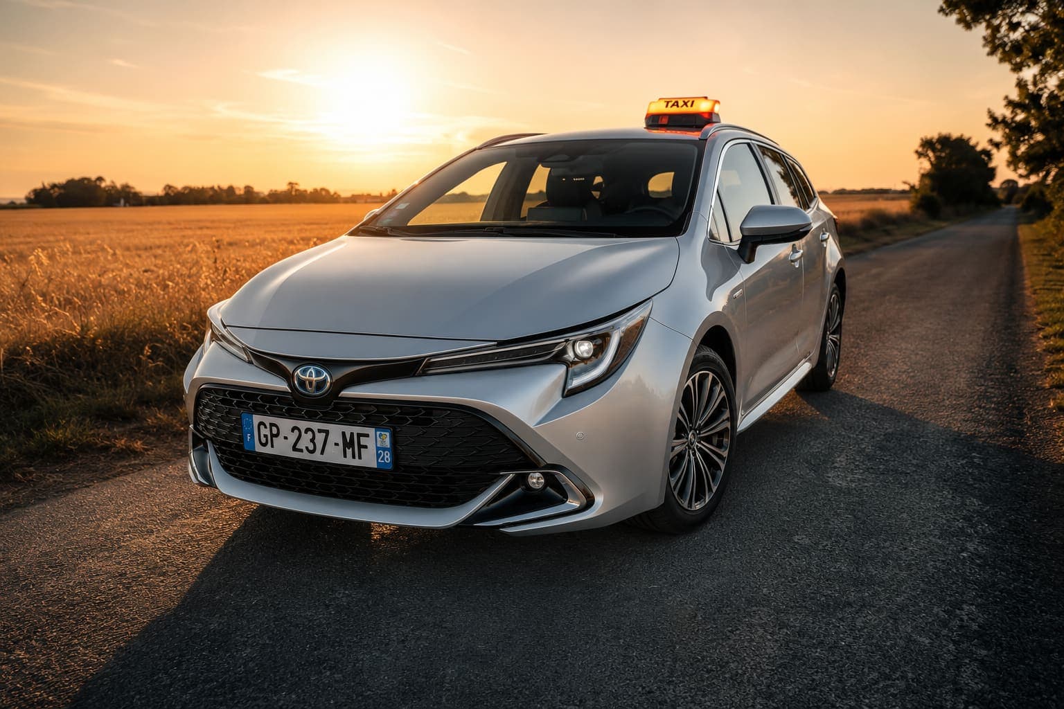L'Amotaxi, Toyota Corolla grise, sur une route de campagne au lever du soleil